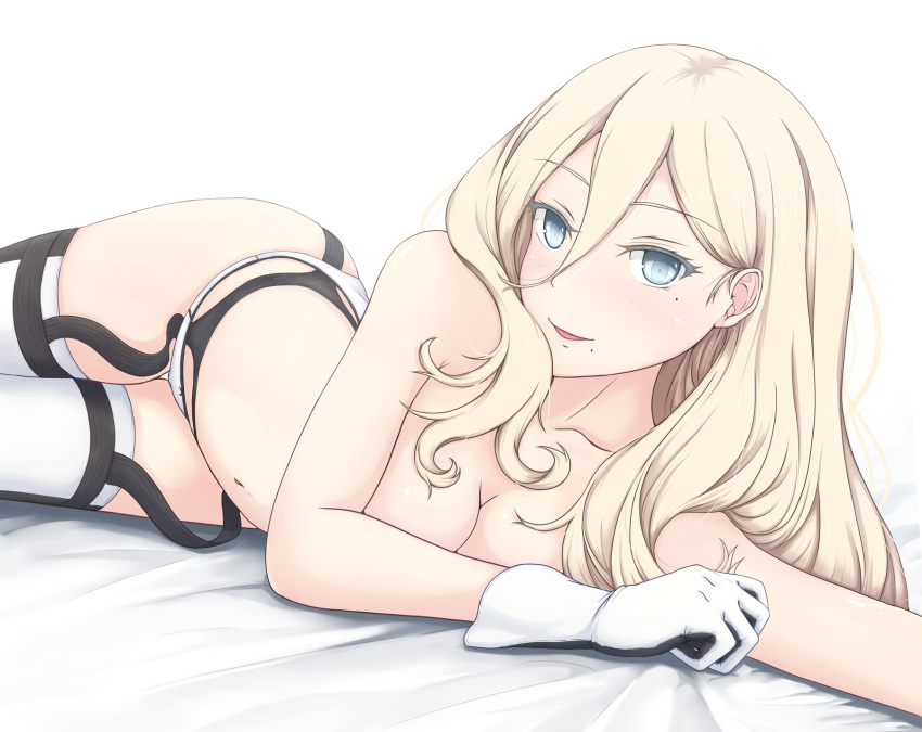 blonde_hair blue_eyes breasts cleavage commentary_request female garter_belt gloves hair_between_eyes highres kantai_collection long_hair looking_at_viewer lying medium_breasts mole mole_under_eye mole_under_mouth on_side panties richelieu_(kancolle) simple_background smile solo thighhighs topless two-tone_gloves underwear white_background white_panties white_thighhighs yakuto007