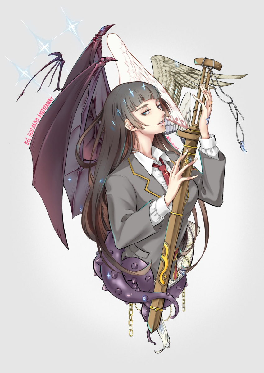 angel_wings bat_wings bird_wings black_hair blue_eyes blunt_bangs breasts brown_hair chains collared_shirt colored_inner_hair english_text feathered_wings female fins fish_tail grey_background hand_tattoo highres hio_tksr05 holding holding_sword holding_weapon jewelry lips long_hair mixed_wings multicolored_eyes multicolored_hair multiple_wings necktie open_mouth protagonist_2_(housamo) red_necktie ring scabbard school_uniform sheath sheathed shirt sidelocks simple_background skeletal_wings smile solo sparkle star_(symbol) sword tail tattoo tentacle tokyo_afterschool_summoners upper_body weapon white_eyes wings