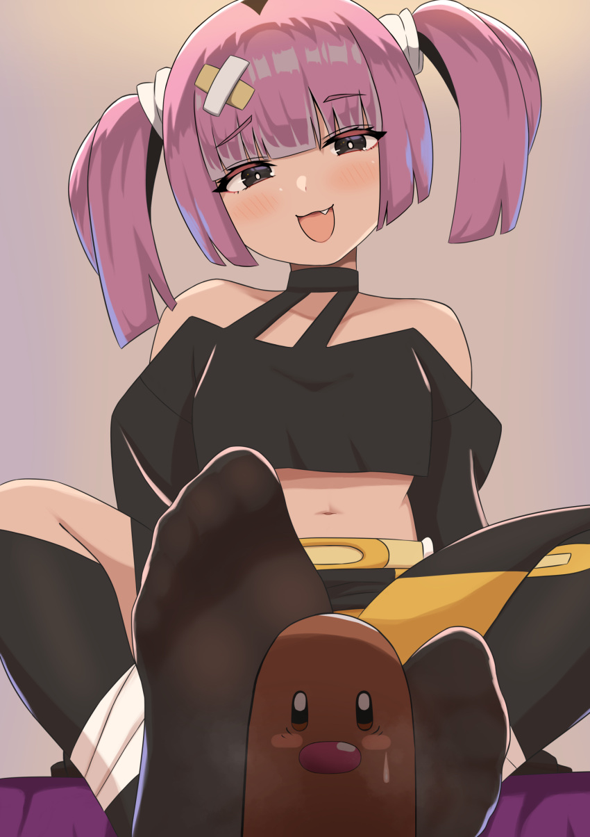 :d aprico bare_shoulders belt belt_buckle black_eyes blunt_bangs blush breasts bright_pupils buckle choker commentary_request coral_(pokemon) diglett feet female grey_background hair_ornament highres implied_footjob leggings looking_at_viewer looking_down navel oerba_yun_fang off-shoulder_shirt off_shoulder open_mouth pokemon pokemon_(anime) pokemon_(creature) pokemon_horizons purple_hair raised_eyebrows sexually_suggestive shirt sitting smile twintails white_pupils yellow_belt