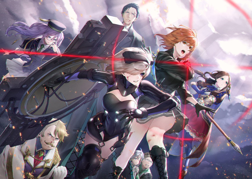 1other 3boys 4girls adjusting_eyewear atlas_academy_school_uniform black_gloves black_hair blonde_hair blood brown_hair captain_nemo_(fate) command_spell facial_hair fate/grand_order fate_(series) fujimaru_ritsuka_(female) fujimaru_ritsuka_(female)_(polar_chaldea_uniform) glasses gloves goredolf_musik highres injury jeancle_abel_meuniere leonardo_da_vinci_(fate) leonardo_da_vinci_(rider)_(fate) lord_camelot_(fate) mash_kyrielight mash_kyrielight_(ortenaus) moustache mugetsu2501 multiple_boys multiple_girls nemo_(fate) nosebleed orange_hair purple_hair school_uniform sherlock_holmes_(fate) shield sion_eltnam_sokaris skirt staff turban twintails