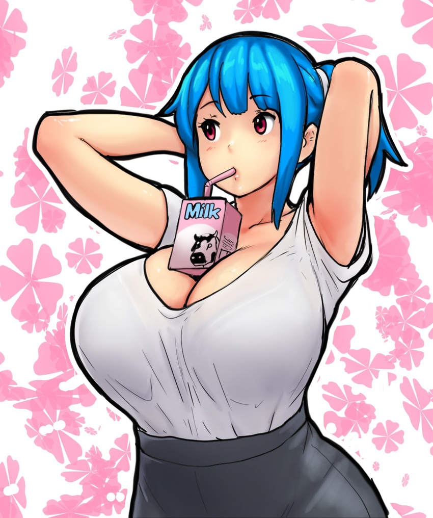 arms_behind_head black_skirt blue_hair blunt_bangs bra breasts bubble_tea_challenge cleavage commentary drinking drinking_straw english_commentary erkaz female high_ponytail highres huge_breasts large_breasts looking_to_the_side milk_carton original pencil_skirt ponytail red_eyes rina_atherina see-through shirt short_sleeves skirt solo t-shirt underwear white_shirt