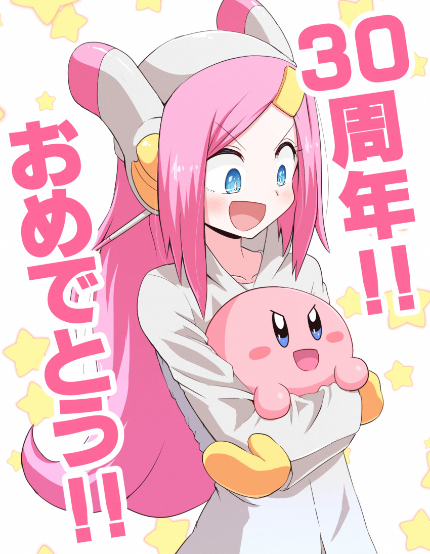 >:) 1boy :d blue_eyes blush blush_stickers female helmet highres holding humanization kirby kirby:_planet_robobot kirby_(series) kurachi_mizuki long_hair mittens open_mouth pink_hair simple_background smile star_(symbol) susie_(kirby) translation_request v-shaped_eyebrows white_background yellow_mittens