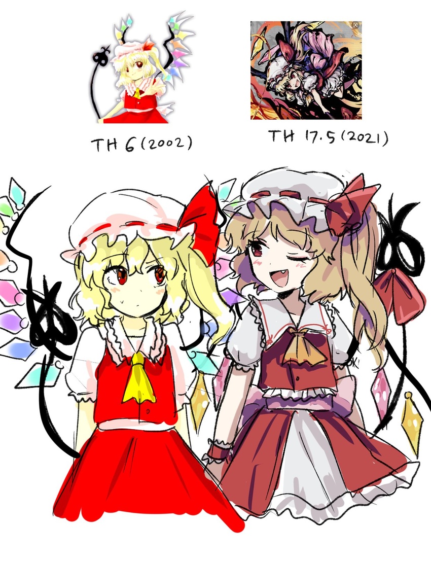 2girls :o ;d ascot blonde_hair blush bow buttons closed_mouth commentary crystal dual_persona embodiment_of_scarlet_devil english_commentary flandre_scarlet frilled_shirt frilled_shirt_collar frilled_skirt frilled_sleeves frills front_slit hair_between_eyes hat hat_ribbon highres himuhino laevatein_(touhou) medium_hair mob_cap multiple_girls oerba_yun_fang one_eye_closed one_side_up open_mouth orange_ascot overskirt pink_bow pink_ribbon puffy_short_sleeves puffy_sleeves red_bow red_eyes red_ribbon red_skirt red_vest reference_inset ribbon shirt short_sleeves skirt smile sunken_fossil_world sweatdrop time_paradox touhou vest white_shirt wings yellow_ascot