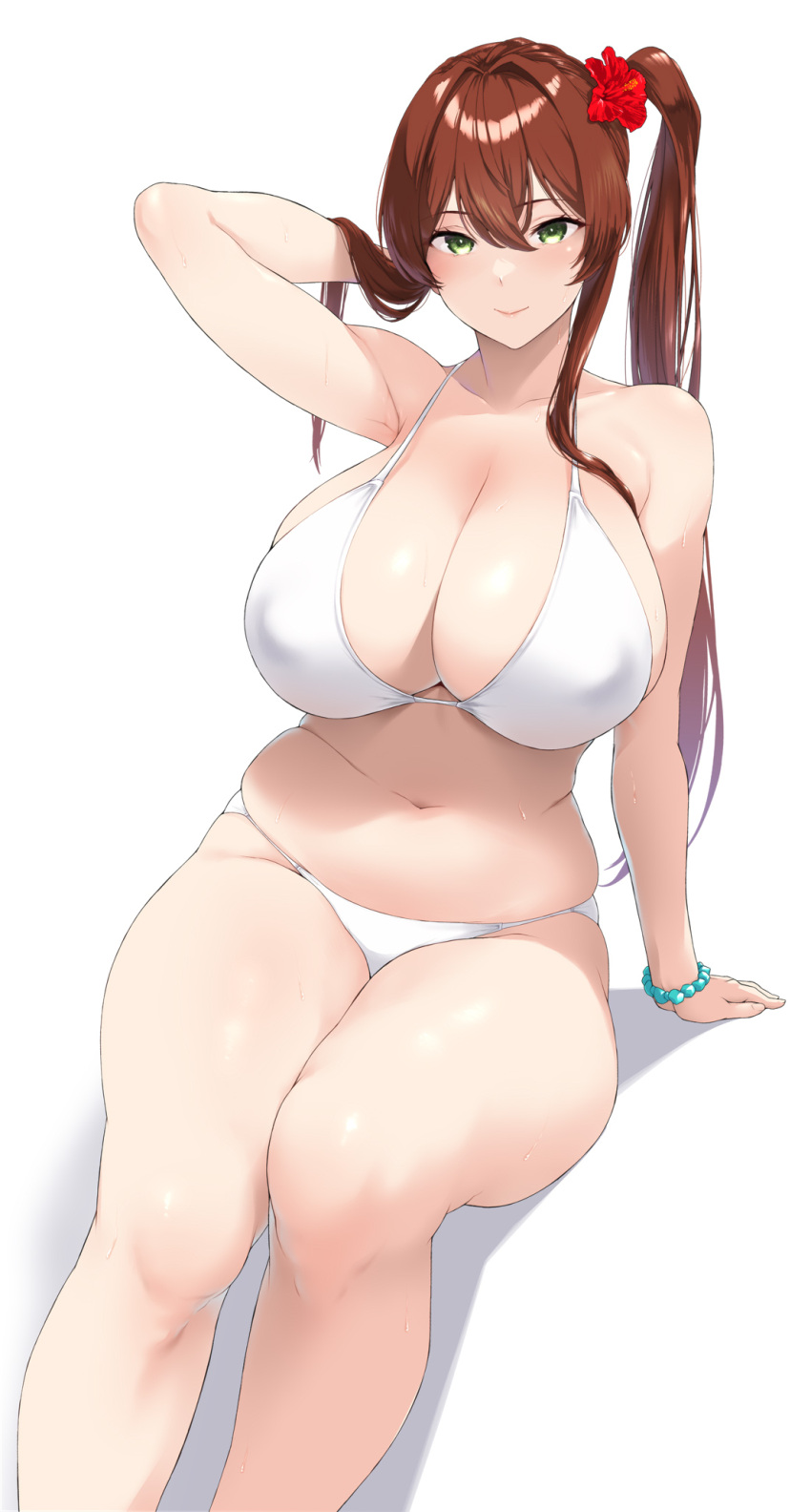 bare_shoulders bikini blush breasts brown_hair cleavage collarbone curvy female green_eyes highres huge_breasts kemigawa_mondo legs long_hair looking_at_viewer navel original plump side_ponytail sidelocks simple_background smile solo stomach swimsuit thick_thighs thighs white_background white_bikini wide_hips