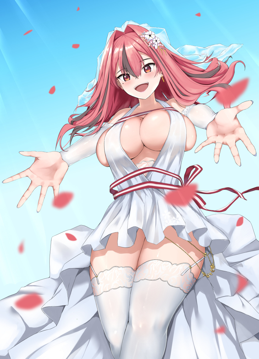 absurdres azur_lane blue_nails blue_sky blush breasts bremerton_(azur_lane) bremerton_(joyride_of_love)_(azur_lane) brown_hair collarbone commentary_request day detached_sleeves dress earrings female fingernails flower from_below hair_between_eyes hair_flower hair_intakes hair_ornament highres huge_breasts jewelry long_hair mole mole_on_breast mole_under_eye multicolored_hair nail_polish ojisan_f open_hands open_mouth outstretched_arms petals red_eyes red_hair red_ribbon ribbon ring sky smile solo spread_arms streaked_hair teeth thighhighs thighs two-tone_hair upper_teeth_only wedding_dress white_dress white_flower white_sleeves white_thighhighs white_veil