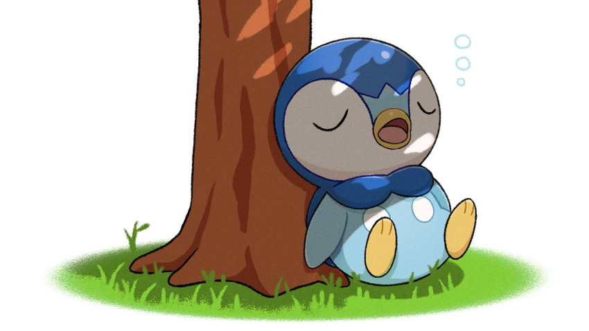 bubble closed_eyes commentary_request grass lying no_humans official_art open_mouth piplup pokemon pokemon_(creature) project_pochama sleeping solo toes tongue tree white_background