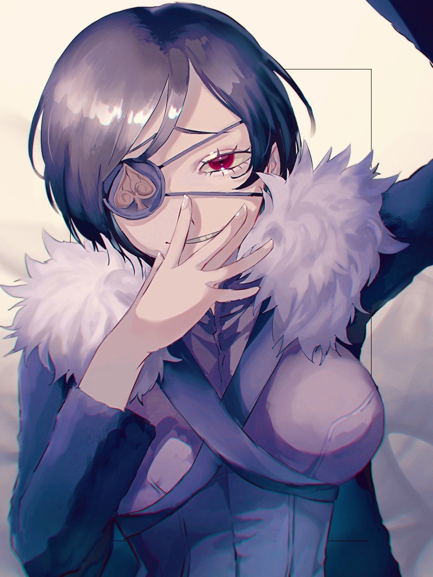 bad_id bad_twitter_id black_clover black_hair breasts evil_smile eyepatch female fur_trim gen_me highres looking_at_viewer red_eyes short_hair smile solo upper_body vanica_zogratis