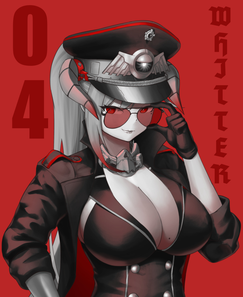 absurdres adjusting_eyewear aviator_sunglasses breasts cleavage female gloves hat highres large_breasts lips long_hair looking_at_viewer mole mole_on_breast mole_under_eye original parted_lips red-tinted_eyewear red_background red_eyes smile solo sunglasses teeth tinted_eyewear upper_body whitter