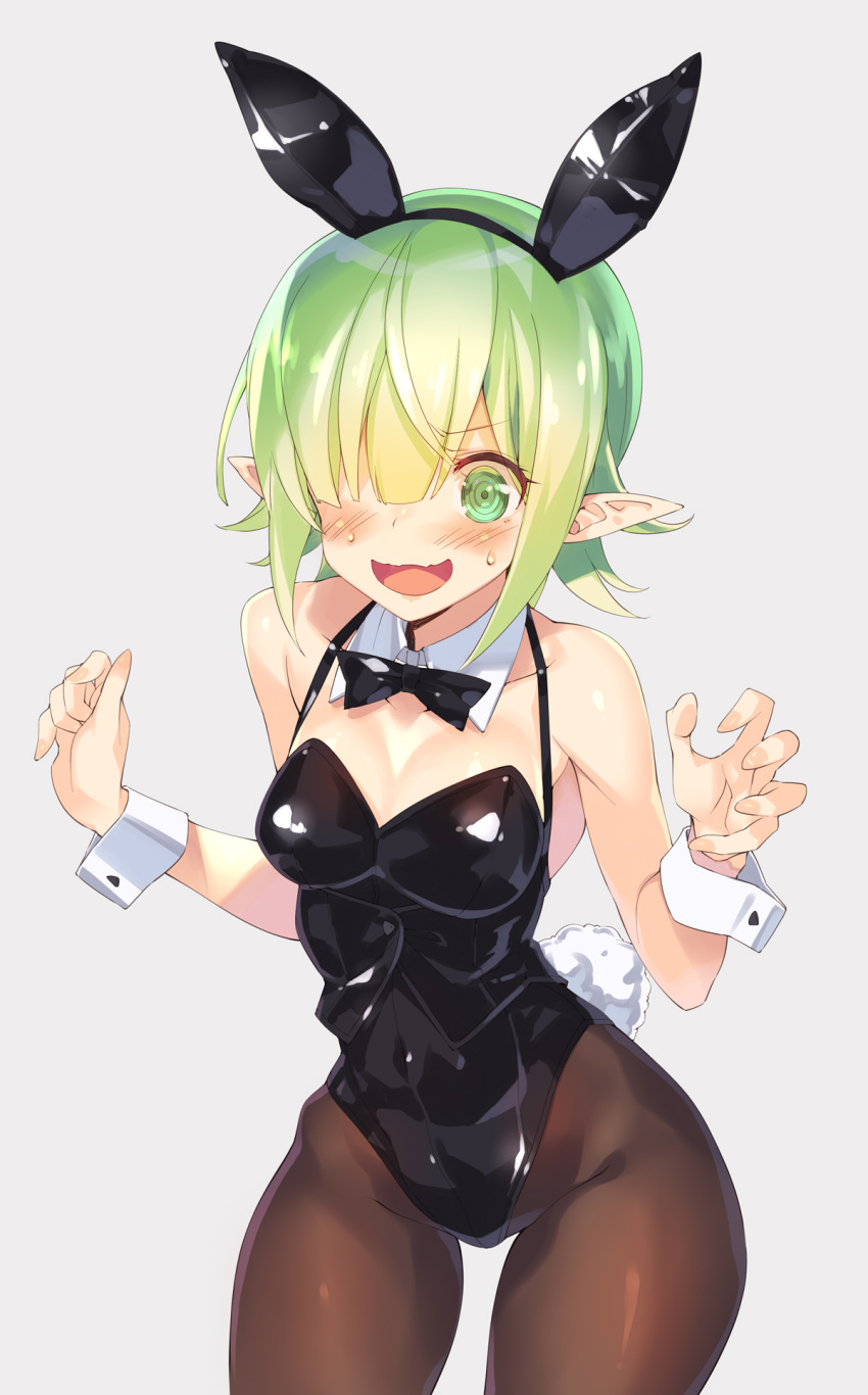 @_@ alternate_costume animal_ears aoi_(princess_connect!) black_bow black_leotard blunt_bangs blush bow bowtie breasts covered_navel cowboy_shot detached_collar elf embarrassed fake_animal_ears fake_tail female green_eyes green_hair grey_background hair_over_one_eye hands_up highres kuro_work leotard looking_at_viewer medium_breasts open_mouth pantyhose playboy_bunny pointy_ears princess_connect! rabbit_ears rabbit_tail short_hair simple_background solo sweat tail wavy_mouth wrist_cuffs