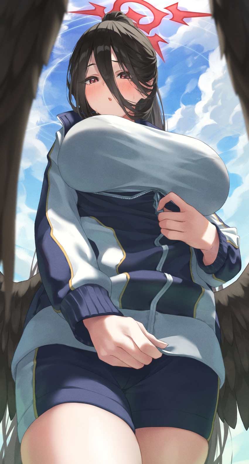 :o absurdres banana_oekaki black_hair black_wings blue_archive blue_sky blush bra_visible_through_clothes breasts cloud female gym_shorts gym_uniform hair_between_eyes halo hasumi_(blue_archive) hasumi_(track)_(blue_archive) high_ponytail highres jacket large_breasts large_wings long_bangs long_hair looking_at_viewer md5_mismatch mole mole_under_eye official_alternate_costume parted_lips ponytail red_eyes shorts sky solo track_jacket wings zipper