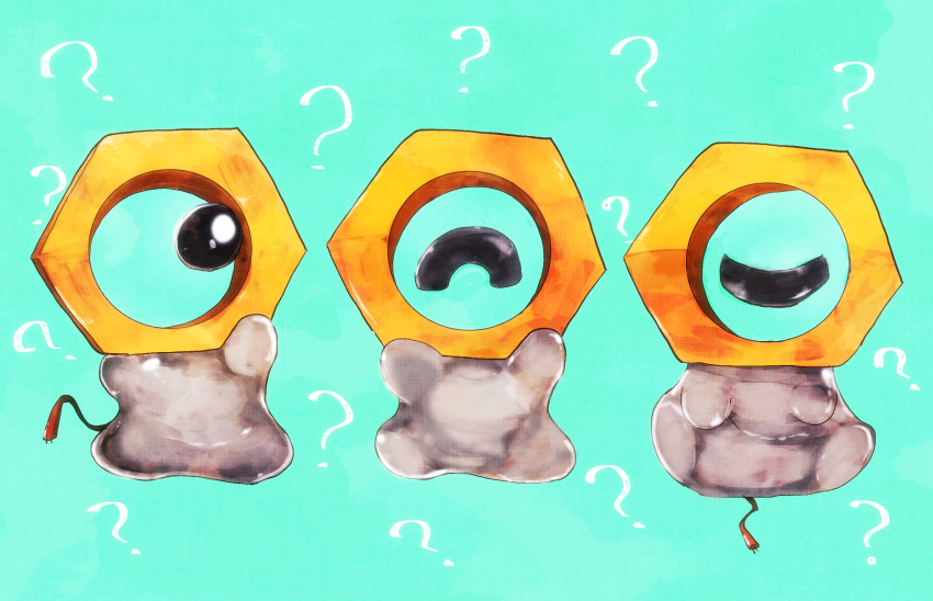 ? ^_^ aqua_background bad_id bad_pixiv_id banchiku black_eyes closed_eyes commentary_request full_body highres looking_at_another looking_to_the_side meltan no_humans nut_(hardware) one-eyed pokemon pokemon_(creature) simple_background