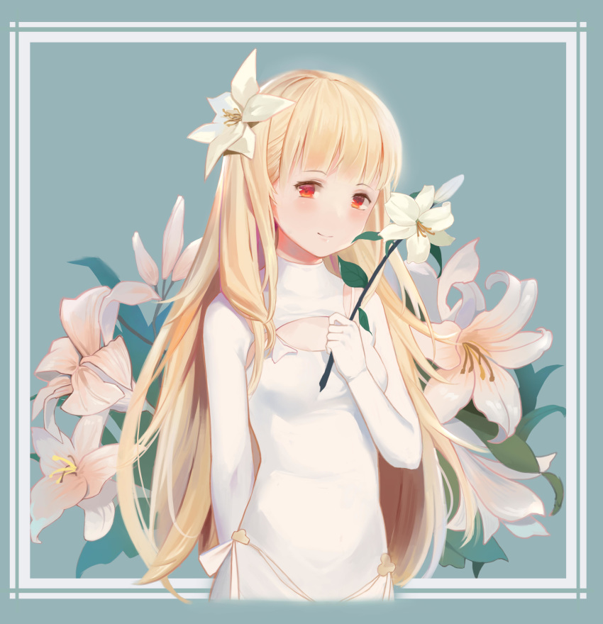 absurdres blonde_hair blunt_bangs chinese_commentary commentary dress female flower hair_flower hair_ornament highres holding holding_flower leilin lily_(flower) long_hair looking_at_viewer maquia_(sayoasa) orange_eyes outdoors ribbon sayonara_no_asa_ni_yakusoku_no_hana_wo_kazarou smile solo standing upper_body white_dress white_ribbon