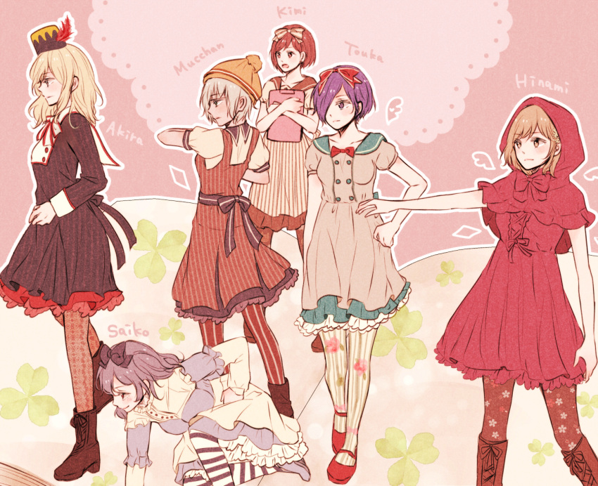 6+girls alternate_costume ankle_boots bad_id bad_pixiv_id black_bow black_dress blonde_hair boots bow bowtie breasts brown_footwear brown_legwear buttons capelet character_name cosplay_request double-breasted dress feet_out_of_frame floral_print frills fueguchi_hinami hair_over_one_eye hairbow hood hood_up hooded_capelet kirishima_touka long_hair long_sleeves mado_akira medium_breasts multiple_girls mutsuki_tooru nishino_kimi on_one_knee pantyhose petticoat pink_background pink_hair puffy_short_sleeves puffy_sleeves purple_hair red_bow red_bowtie red_capelet red_dress red_sailor_collar sailor_collar short_hair short_sleeves striped_clothes striped_pantyhose tokyo_ghoul tokyo_ghoul:re toukaairab vertical-striped_clothes vertical-striped_pantyhose yonebayashi_saiko