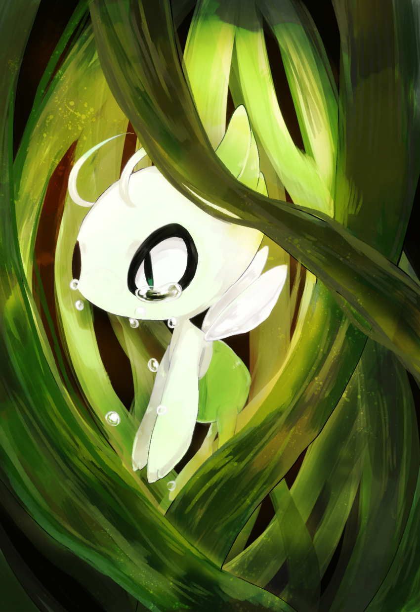 antennae bad_id bad_pixiv_id banchiku celebi commentary_request crying fairy fairy_wings from_side glowing green_eyes green_theme highres no_humans plant pokemon pokemon_(anime) pokemon_(classic_anime) pokemon_(creature) pokemon_4ever_-_celebi:_the_voice_of_the_forest sad solo tears vines wings