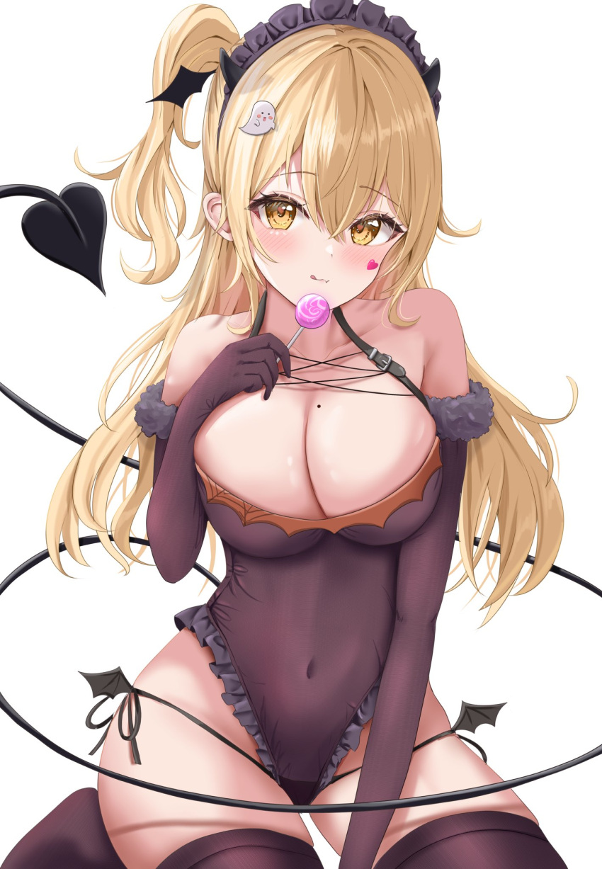 :q bare_shoulders blonde_hair blush breasts candy cleavage collarbone covered_navel demon_tail elbow_pads female food frilled_leotard frills fur-trimmed_gloves fur_trim gloves hair_between_eyes hair_ornament hairclip heart highres holding holding_candy holding_food holding_lollipop large_breasts leotard lollipop long_hair looking_at_viewer maid_headdress micro_panties mole mole_on_breast original panties ribbon side-tie_panties side_ponytail simple_background sitting solo tail thighhighs tongue tongue_out underwear uni_ikura wariza white_background yellow_eyes