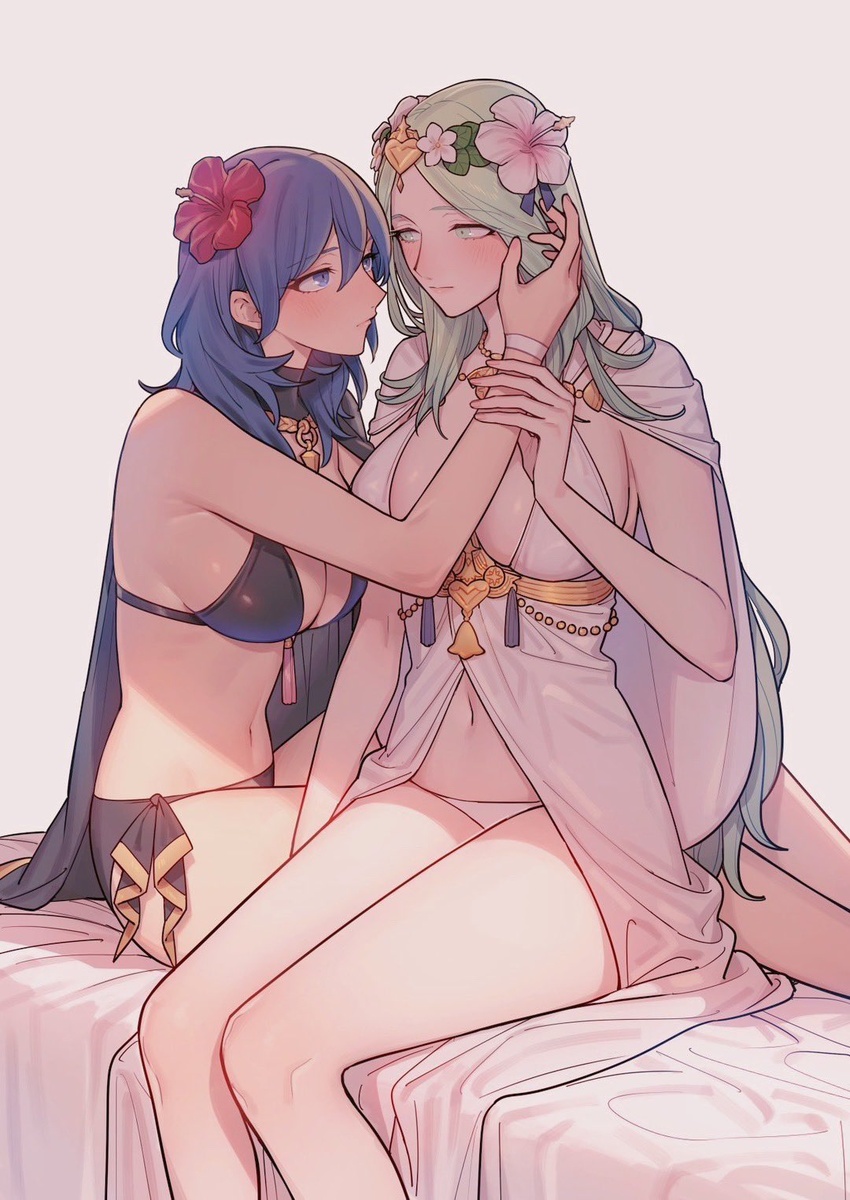 2girls bikini black_bikini blue_eyes blue_hair blush breasts byleth_(female)_(fire_emblem) byleth_(female)_(summer)_(fire_emblem) byleth_(fire_emblem) cleavage closed_mouth fire_emblem fire_emblem:_three_houses fire_emblem_heroes flower from_side green_eyes green_hair hair_between_eyes hair_flower hair_ornament hibiscus highres ikarin imminent_kiss large_breasts long_hair medium_breasts multiple_girls navel official_alternate_costume rhea_(fire_emblem) rhea_(summer)_(fire_emblem) sideboob swimsuit white_bikini yuri