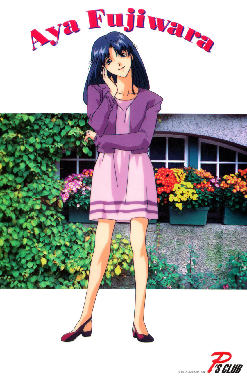 1990s_(style) blue_eyes blue_hair dress female flower fujiwara_aya full_body head_tilt highres long_hair long_sleeves non-web_source official_art photo_background pink_dress retro_artstyle smile solo standing super_real_mahjong tanaka_ryou