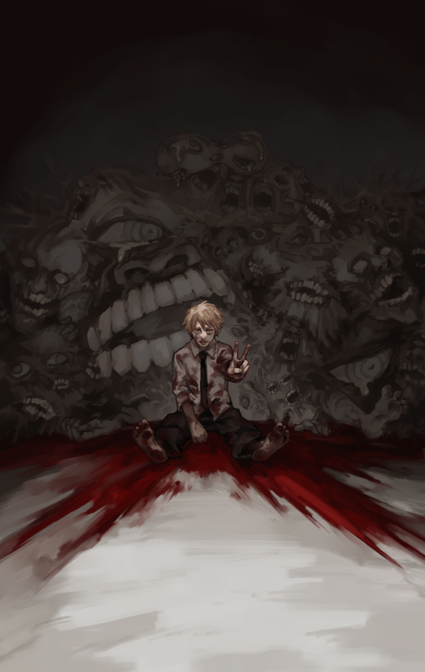 1boy black_necktie blonde_hair blood blood_on_clothes blood_on_face blood_on_feet blood_on_ground chainsaw_man collared_shirt crying death denji_(chainsaw_man) eternity_devil_(chainsaw_man) extra_eyes extra_faces extra_legs extra_mouth highres looking_at_viewer male_focus mutilation nakano_(2_mannaka) necktie pile_of_corpses pool_of_blood shirt short_hair teeth v white_shirt