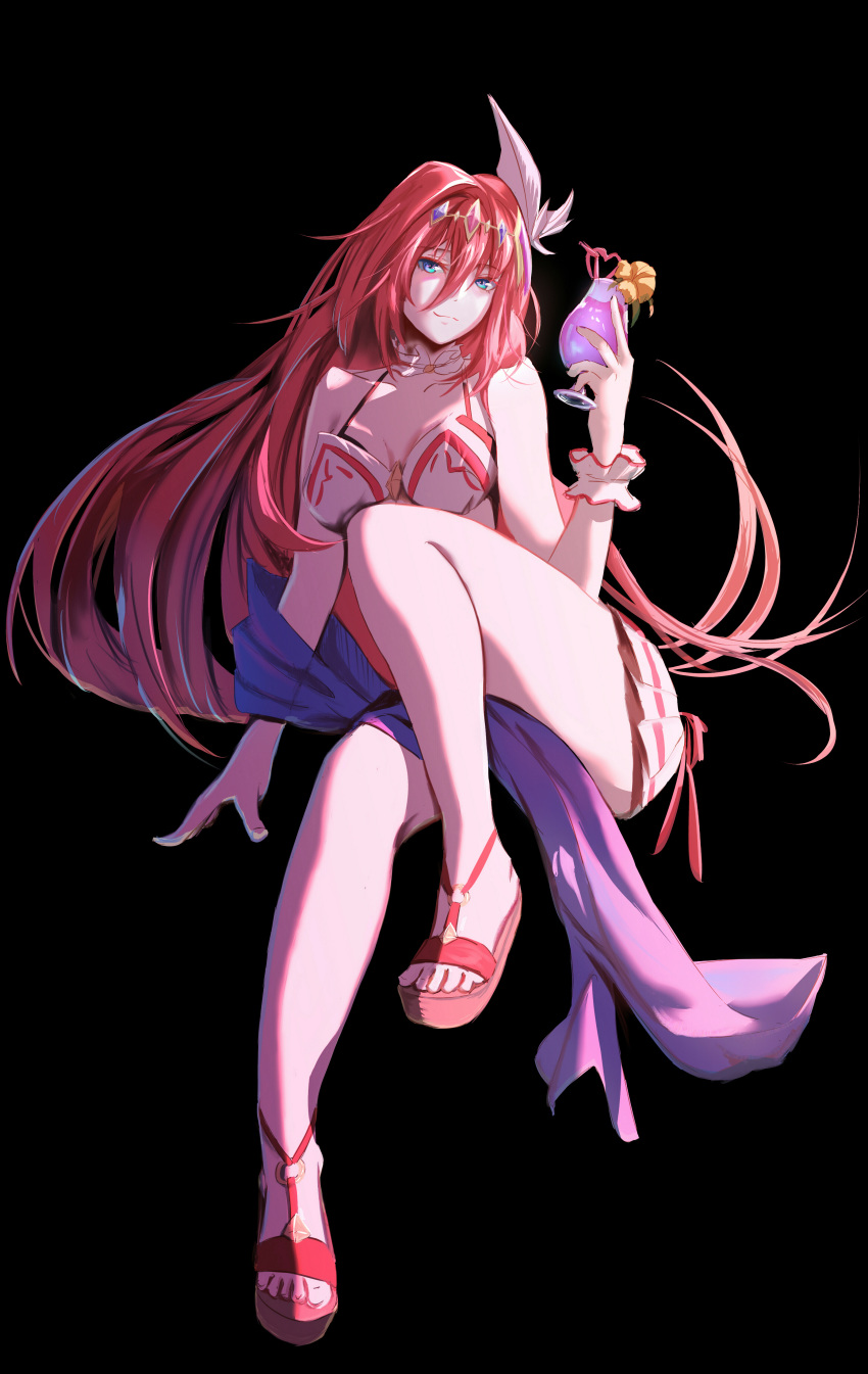 absurdres alexiel_(summer)_(granblue_fantasy) black_background blue_eyes breasts cleavage commentary_request cup drinking_glass drinking_straw female fuann godsworn_alexiel granblue_fantasy hair_between_eyes hair_ribbon hairband highres holding holding_cup knee_up long_hair looking_at_viewer red_footwear red_hair ribbon sandals sitting small_breasts smile solo swimsuit