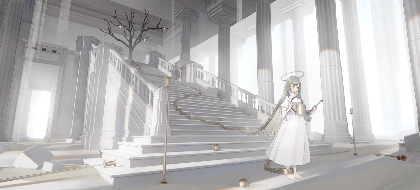 absurdly_long_hair apple bare_tree barefoot blonde_hair chains commentary cuffs dress female food fruit glint halo highres holding indoors long_hair nakai_(nnnjpg) orange_eyes original pillar scenery shackles solo stairs symbol-only_commentary tree very_long_hair watering_can white_dress white_theme