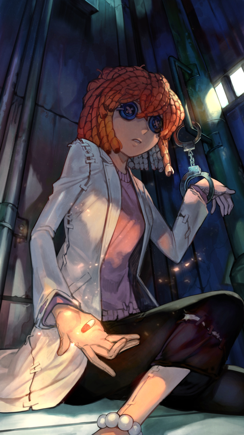 absurdres black_pants button_eyes buttons cuffed cuffs female handcuffs highres holding_pill hungry_clicker identity_v lab_coat long_sleeves looking_at_viewer meitantei_conan miyano_shiho orange_hair pants parted_lips pill pink_shirt shirt sitting solo