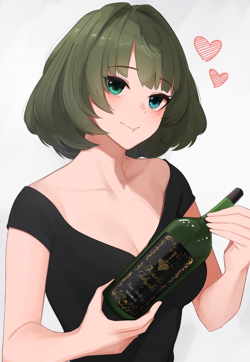 alcohol bare_arms blue_eyes blush bottle breasts brown_hair collarbone commentary female green_eyes heart heterochromia highres holding holding_bottle idolmaster idolmaster_cinderella_girls looking_at_viewer medium_breasts mole mole_under_eye senju_(snz0) short_hair short_sleeves simple_background smile solo takagaki_kaede upper_body white_background