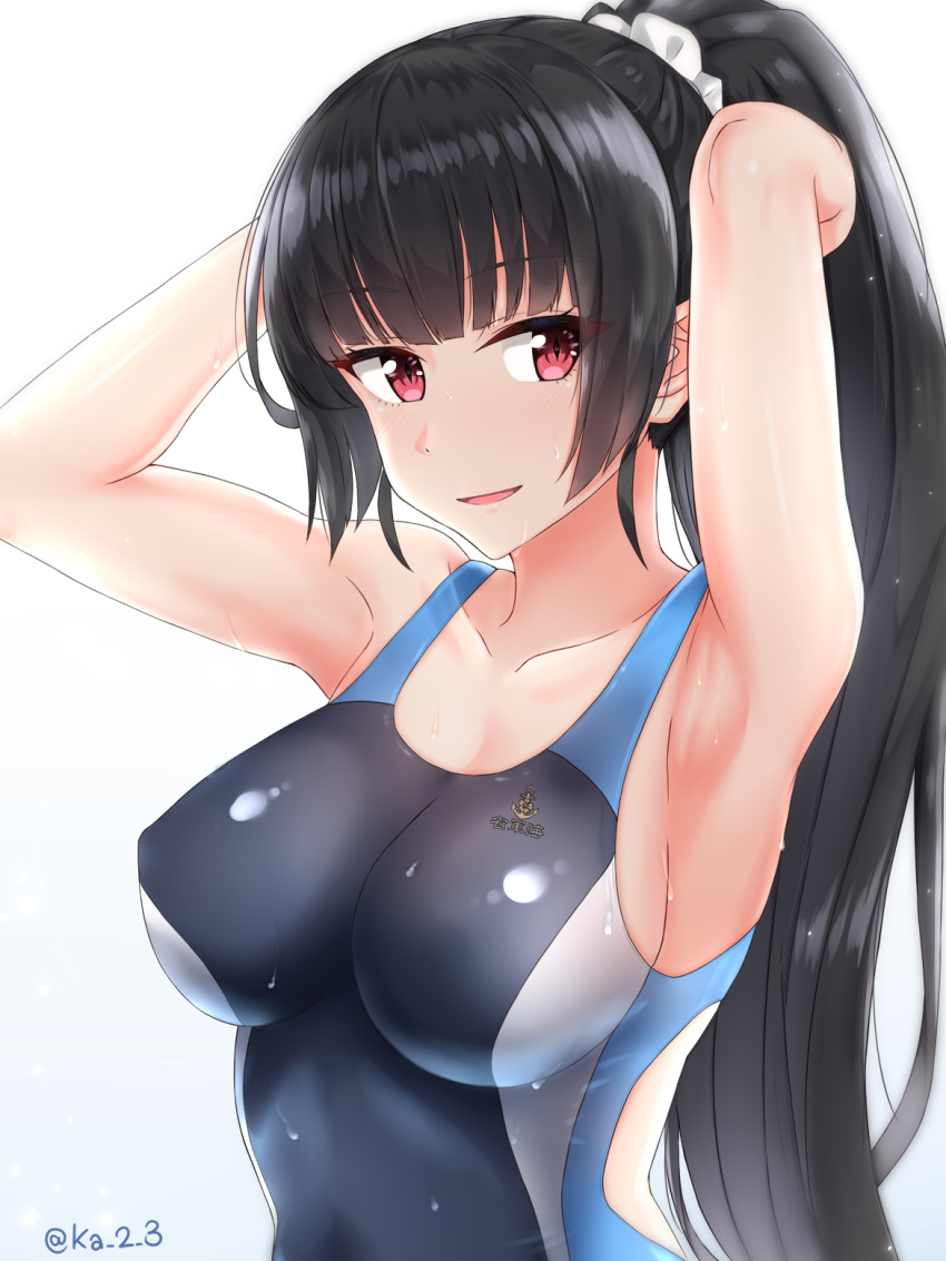 alternate_hairstyle armpits arms_up bad_id bad_pixiv_id black_hair breasts competition_swimsuit female hair_ornament hair_scrunchie highres ibuki_grunt isokaze_(kancolle) kantai_collection large_breasts long_hair one-piece_swimsuit open_mouth ponytail red_eyes scrunchie simple_background solo swimsuit twitter_username wet