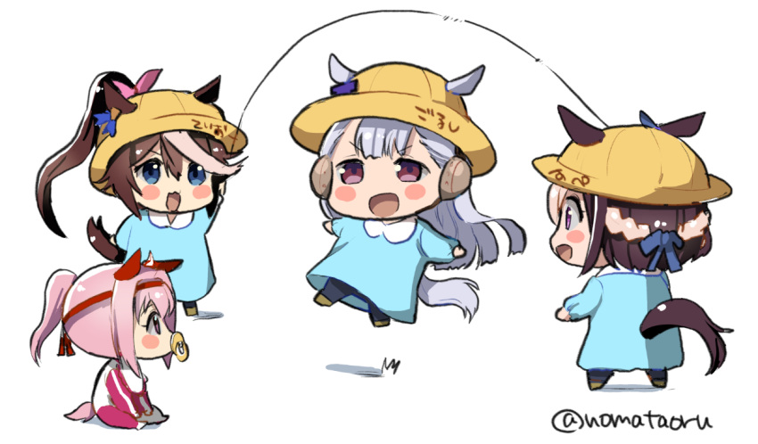 4girls aged_down animal_ears baby blue_shirt blush_stickers brown_hair chibi ears_through_headwear gold_ship_(umamusume) haru_urara_(umamusume) hat horse_ears horse_girl horse_tail jump_rope jumping kindergarten_uniform lolicon long_hair multiple_girls noma_taoru open_mouth pacifier pink_hair ponytail school_hat shirt simple_background sitting smile special_week_(umamusume) standing tail tokai_teio_(umamusume) twitter_username umamusume white_background yellow_headwear