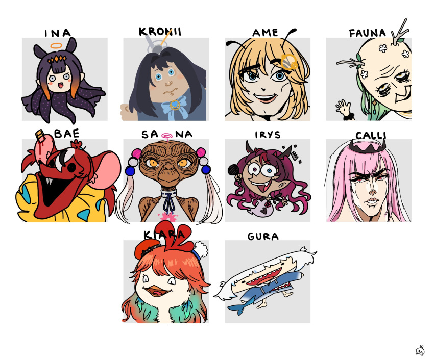 6+girls alien animal_ears bald bee_movie bird blonde_hair blue_eyes blue_hair cabbage_patch_kids ceres_fauna chef_hat chicken chicken_little deformed e.t. fins fish_tail gawr_gura grey_hair hair_ornament hakos_baelz halo hat highres hololive hololive_english horns irys_(hololive) jojo_no_kimyou_na_bouken limiter_(tsukumo_sana) long_hair mori_calliope mouse_(animal) mouse_ears multiple_girls nanashi_mumei's_horror_painting nanashi_mumei_(artist) ninomae_ina'nis orange_hair ouro_kronii parody pink_eyes pink_hair portrait purple_hair shark_tail simple_background tail takanashi_kiara teeth tentacle tentacle_hair the_fairly_oddparents tsukumo_sana twintails virtual_youtuber watson_amelia white_background yellow_eyes