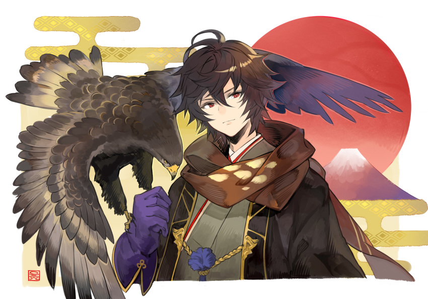 1boy animal antenna_hair bird brown_hair brown_jacket closed_mouth egasumi falcon falconry_glove gloves granblue_fantasy green_kimono highres jacket japanese_clothes kimono looking_at_viewer male_focus messy_hair mountain osamu_(jagabata) purple_gloves red_eyes sandalphon_(granblue_fantasy) scarf short_hair upper_body