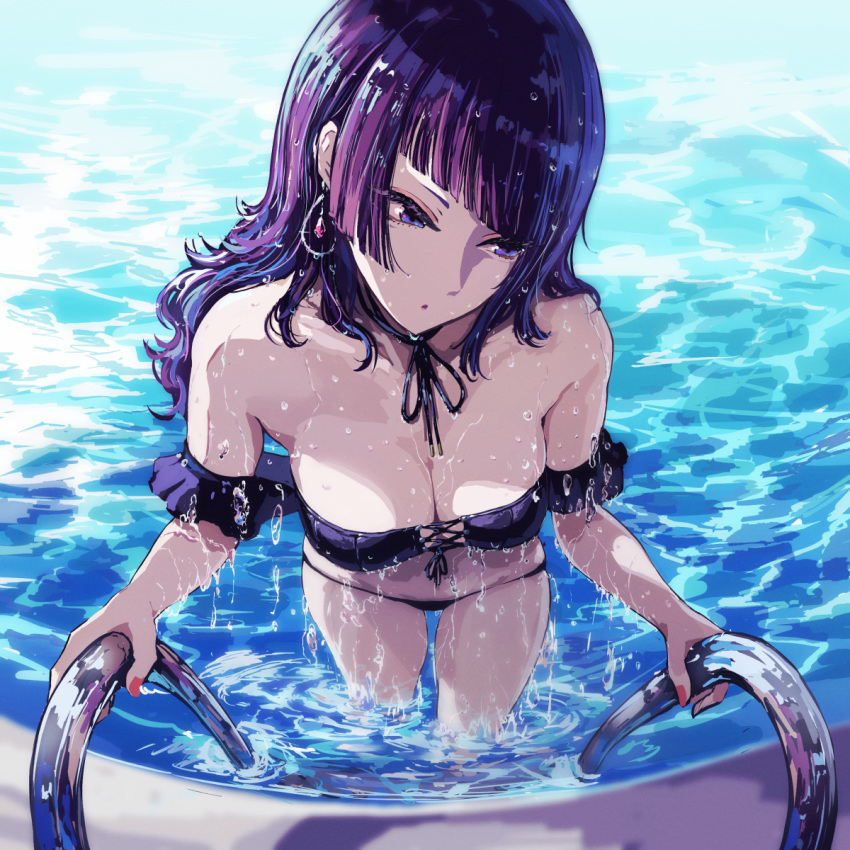 bad_id bad_pixiv_id bandeau bikini breasts cleavage diagonal_bangs earrings facing_viewer female highres idolmaster idolmaster_shiny_colors jewelry medium_breasts minyom pool purple_eyes purple_hair solo swimsuit tanaka_mamimi water