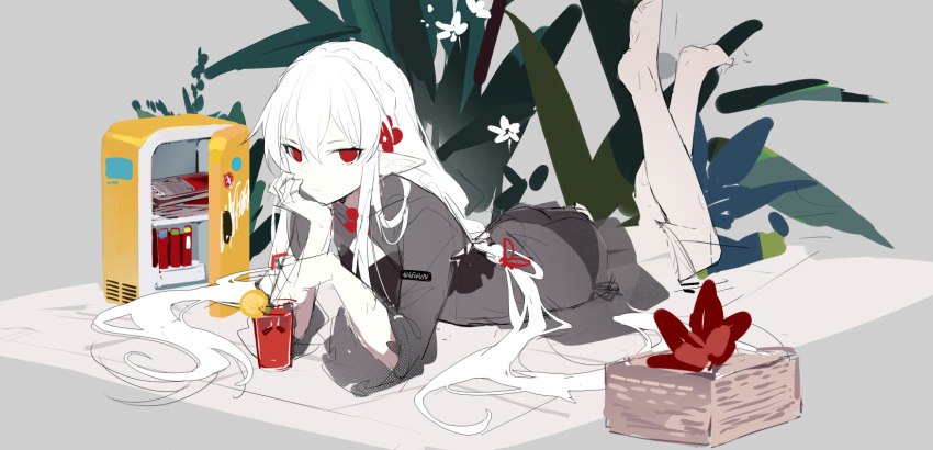 arknights barefoot bikini black_bikini braid character_name closed_mouth crown_braid cup drink drinking_glass empty_eyes feet_up female full_body grey_background hand_on_own_chin highres long_hair long_sleeves looking_at_viewer low-tied_long_hair lying official_alternate_costume on_stomach pointy_ears red_eyes shi-chen simple_background smile solo swimsuit swimsuit_cover-up the_pose very_long_hair warfarin_(arknights) warfarin_(casual_vacation)_(arknights)