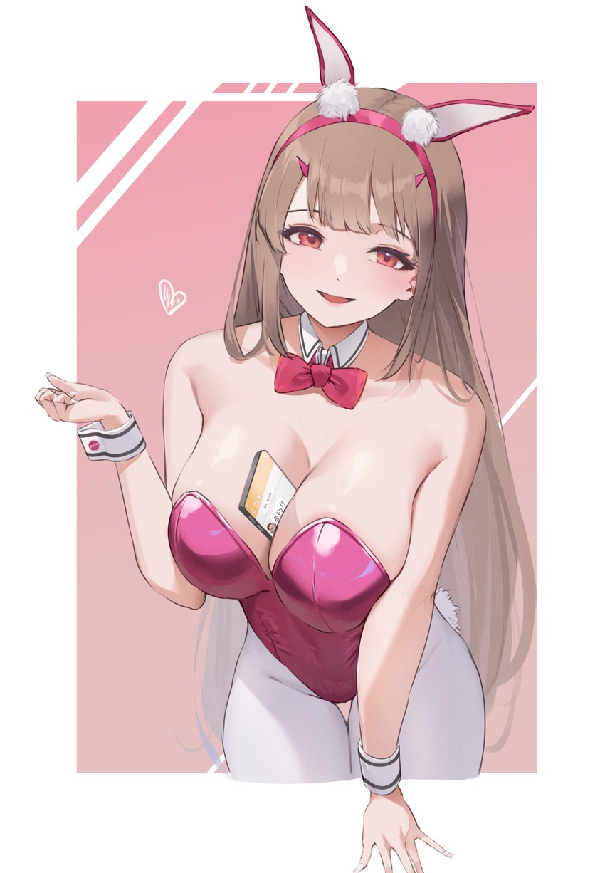 :d animal_ears bare_shoulders between_breasts blush bow bowtie breasts cellphone cleavage cropped_legs detached_collar fake_animal_ears fake_nails fake_tail female goddess_of_victory:_nikke heart highleg highleg_leotard highres horns large_breasts leotard light_brown_hair long_hair nail_polish pantyhose pepeo phone phone_between_breasts pink_eyes pink_horns pink_leotard playboy_bunny rabbit_ears rabbit_tail red_bow red_bowtie sidelocks smartphone smile solo strapless strapless_leotard tail thigh_gap viper_(nikke) viper_(toxic_rabbit)_(nikke) white_nails white_pantyhose wrist_cuffs