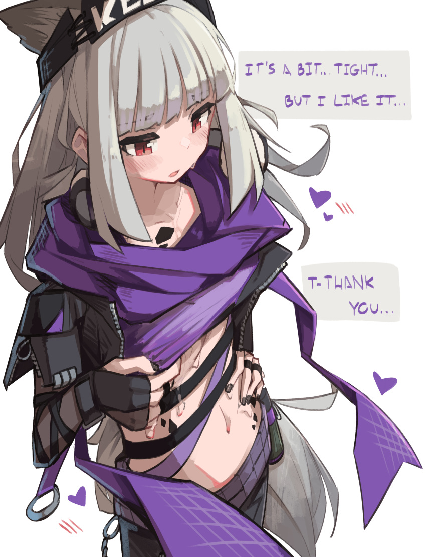 absurdres animal_ears arknights black_gloves black_nails black_pants blunt_bangs blush commentary cowboy_shot crop_top female fingerless_gloves fox_ears frostleaf_(arknights) frostleaf_(breaking_the_ice)_(arknights) gloves grey_hair heart highres jacket long_hair midriff nail_polish navel official_alternate_costume pants parted_lips purple_jacket red_eyes simple_background solo standing stomach togekk0 white_background