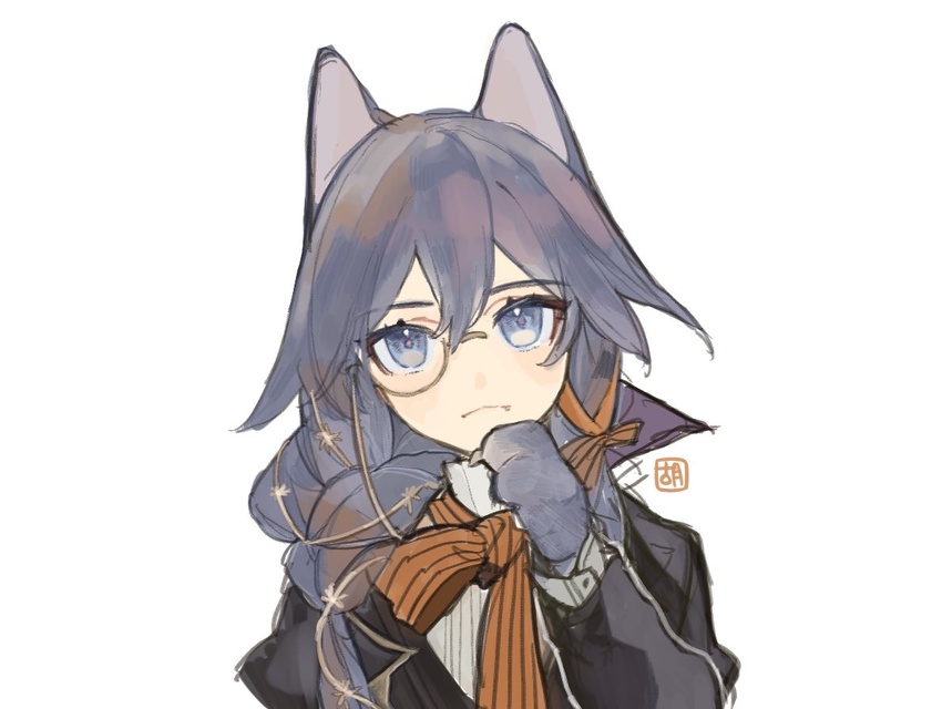 :3 animal_ears animal_hands black_hair black_jacket blue_eyes braid braided_ponytail cat_ears cat_girl closed_mouth female fu_hua gloves hair_between_eyes honkai_(series) honkai_impact_3rd jacket long_hair long_sleeves looking_at_viewer mogomaco monocle oerba_yun_fang orange_scarf paw_gloves scarf simple_background solo white_background