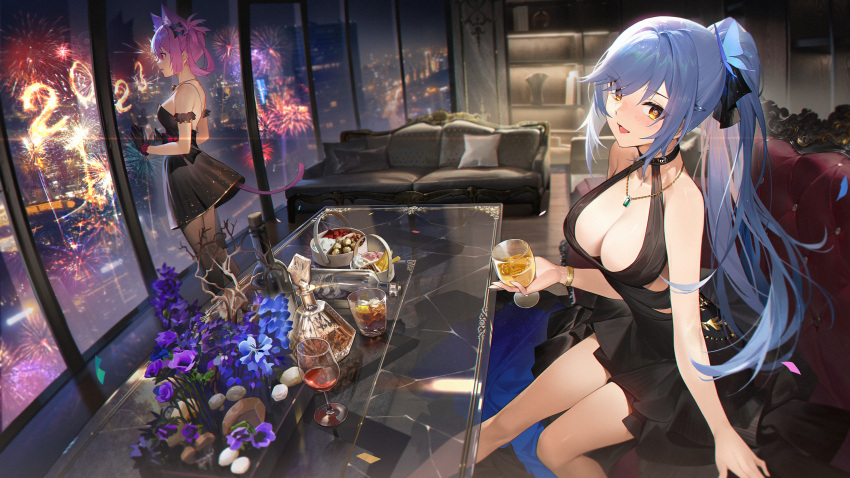 2023 2girls absurdres alcohol animal_ears arm_support azur_lane bare_arms bare_shoulders black_dress blue_hair blush bracelet breasts brown_eyes cat_ears cat_tail cleavage couch cup dress essex_(azur_lane) essex_(craft_fairytail)_(azur_lane) fireworks flower food gloves gold_trim halterneck happy_new_year hatsushimo_(azur_lane) hatsushimo_(perennial_joy)_(azur_lane) highres holding indoors jewelry kexue logo long_hair looking_at_viewer looking_away medium_breasts multiple_girls necklace new_year night night_sky official_alternate_costume official_art open_mouth pantyhose pillow pink_hair ponytail red_eyes short_dress simple_background sky sleeveless sleeveless_dress smile strapless strapless_dress table tail window