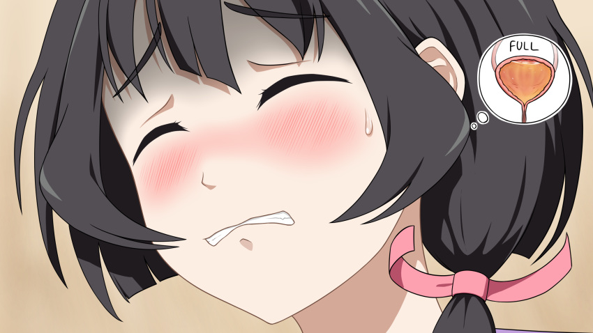 ^_^ black_hair bladder blush brown_background clenched_teeth close-up closed_eyes commentary commission cursed_tv embarrassed english_commentary english_text female hair_over_one_eye hair_ribbon have_to_pee highres indoors long_hair nose_blush pink_ribbon pixiv_commission ponytail portrait ribbon saijou_itsuki sakura_taisen shin_sakura_taisen sidelocks simple_background solo sweat teeth thought_bubble urine urine_meter