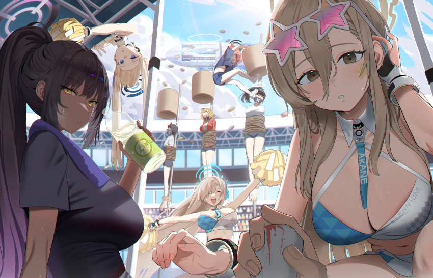 6+girls absurdres akane_(blue_archive) alternate_costume asuna_(blue_archive) asymmetrical_bangs bare_shoulders black_hair blonde_hair blue_archive blue_eyes blush bottle breasts character_request cheerleader cleaning_&_clearing_(blue_archive) commentary crop_top dark-skinned_female dark_skin earpiece eyewear_on_head facial_mark glasses gloves hair_between_eyes hair_over_one_eye halo highres holding holding_bottle holding_pom_poms jiki_(gkdlfnzo1245) karin_(blue_archive) large_breasts long_bangs long_hair looking_at_viewer midriff millennium_cheerleader_outfit_(blue_archive) multiple_girls neru_(blue_archive) one_eye_covered partially_fingerless_gloves pom_pom_(cheerleading) pov restrained skirt star-shaped_eyewear star_(symbol) star_facial_mark star_tattoo sukeban_(mg)_(blue_archive) sukeban_(smg)_(blue_archive) sukeban_(sr)_(blue_archive) sweat tattoo toki_(blue_archive) twintails two-tone_skirt v water_bottle white_skirt yellow_eyes