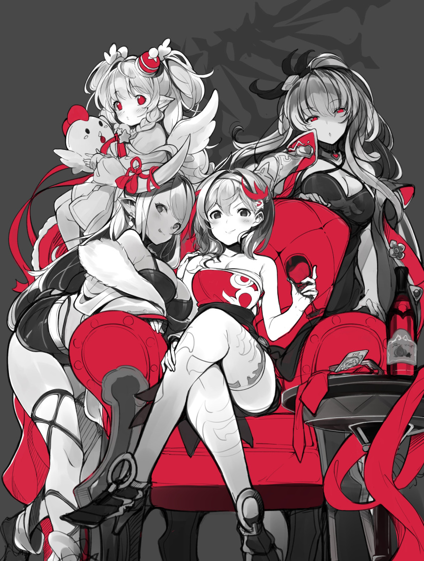 4girls absurdres armchair bare_shoulders boots bottle breasts chair cleavage closed_mouth criss-cross_halter crossed_legs cup djeeta_(granblue_fantasy) dress drinking_glass earrings firedancer's_roseplume_(granblue_fantasy) granblue_fantasy hair_ornament hairband halterneck hat high_heels highres holding holding_cup horns jewelry kumbhira_(granblue_fantasy) leaning_forward long_hair looking_at_viewer mahira_(granblue_fantasy) mayusaki_yuu medium_breasts medium_hair mini_hat monochrome multiple_girls parted_lips pointy_ears post_guild_war_celebration short_shorts shorts sitting smile stuffed_chicken thighhighs tongue tongue_out vira_(granblue_fantasy) wine_bottle wine_glass