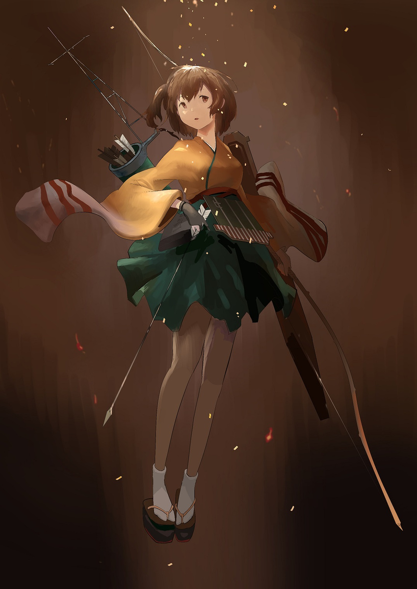 arrow_(projectile) bad_id bad_pixiv_id bow_(weapon) brown_hair female flight_deck full_body geta gloves green_hakama hakama hakama_short_skirt hakama_skirt highres hiryuu_(kancolle) japanese_clothes kantai_collection kimono long_sleeves narotake one_side_up partially_fingerless_gloves quiver short_hair skirt socks solo sunlight weapon wide_sleeves yellow_kimono yugake