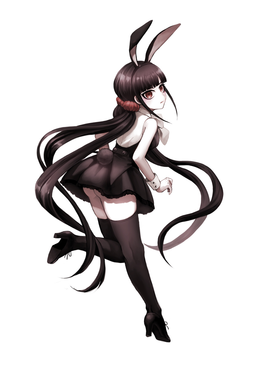 animal_ear_hairband animal_ears ass black_footwear black_hair black_hairband black_skirt black_thighhighs bow bowtie commentary_request danganronpa_(series) danganronpa_v3:_killing_harmony fake_animal_ears female floating_hair full_body hair_ornament hairband harukawa_maki high_heels highres leg_up long_hair miniskirt rabbit_ear_hairband rabbit_ears sako_(namocake) shirt simple_background skirt sleeveless sleeveless_shirt solo thighhighs twintails very_long_hair white_background white_bow white_bowtie white_shirt wrist_cuffs