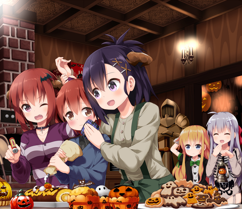 1boy 4girls :d :o ^_^ ahoge alternate_costume armor bat_hair_ornament black_choker black_hair black_shirt blonde_hair blue_eyes blue_shirt blush bone_print bow brown_eyes candle casual ceiling chimney choker closed_eyes commentary_request cookie cross_hair_ornament demon_horns food gabriel_dropout gabriel_tenma_white grey_hair hair_ornament hairbow halloween hand_grab hand_to_own_mouth handkerchief happy_halloween highres horns icing indoors jack-o'-lantern kurumizawa_satanichia_mcdowell's_brother long_hair long_sleeves multiple_girls oerba_yun_fang one_eye_closed open_mouth pastry_bag pink_eyes pumpkin purple_eyes purple_shirt raphiel_shiraha_ainsworth red_eyes red_hair ruu_(tksymkw) satanichia_kurumizawa_mcdowell shirt short_hair short_sleeves smile spice striped_clothes striped_shirt suspenders topknot v-shaped_eyebrows vignette_tsukinose_april white_hair white_shirt wiping_face x_hair_ornament