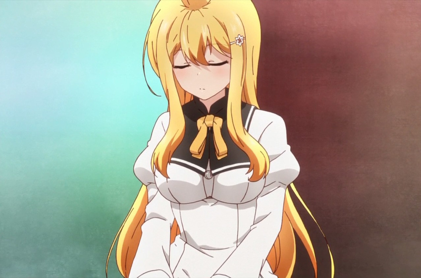 anime_screenshot arisugawa_reiko blonde_hair closed_eyes female long_hair ore_ga_ojou-sama_gakkou_ni_"shomin_sample"_toshite_rachirareta_ken school_uniform solo