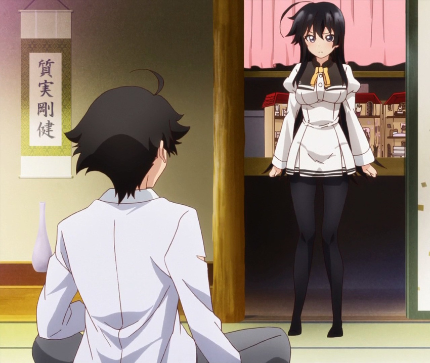 1boy anime_screenshot black_eyes black_hair female jinryou_karen kagurazaka_kimito long_hair ore_ga_ojou-sama_gakkou_ni_"shomin_sample"_toshite_rachirareta_ken pantyhose school_uniform