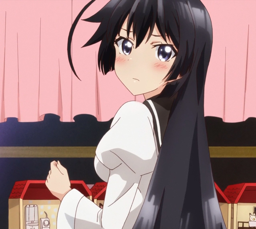 anime_screenshot black_eyes black_hair doll_house female jinryou_karen long_hair ore_ga_ojou-sama_gakkou_ni_"shomin_sample"_toshite_rachirareta_ken school_uniform solo