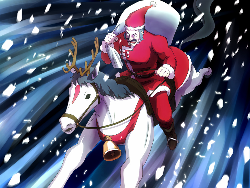 1boy antlers bell boots commentary_request facial_hair facial_mark fuunsaiki g_gundam gundam hat horns jingle_bell male_focus master_asia migo moustache open_mouth reins riding sack santa_costume santa_hat snowing solo