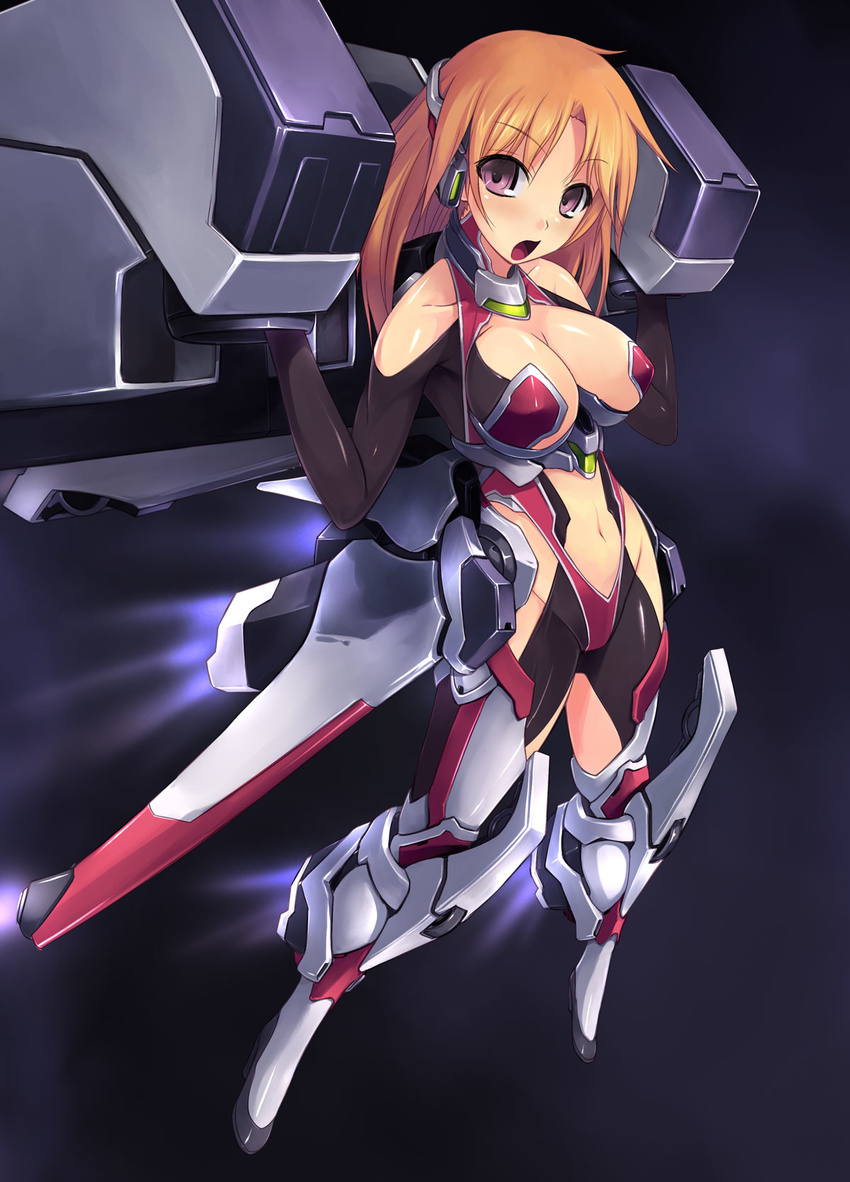 amei_sumeru armor bad_id bad_pixiv_id bare_shoulders blush breasts female headset highres large_breasts long_hair mecha mecha_musume navel open_mouth orange_hair original purple_eyes robot solo