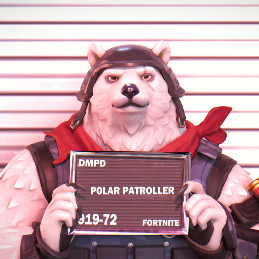 1:1 2023 3d_(artwork) anthro armor bandana barbie_and_ken_mugshot_meme bear blender_(artwork) bust_portrait digital_media_(artwork) dollymolly323 english_text epic_games eye_scar facial_scar fortnite front_view fur headgear helmet hi_res holding_object humanoid_hands icon kerchief looking_at_viewer male mammal meme mugshot neckerchief polar_bear polar_patroller portrait red_bandanna red_kerchief red_neckerchief scar solo text ursine white_body white_fur