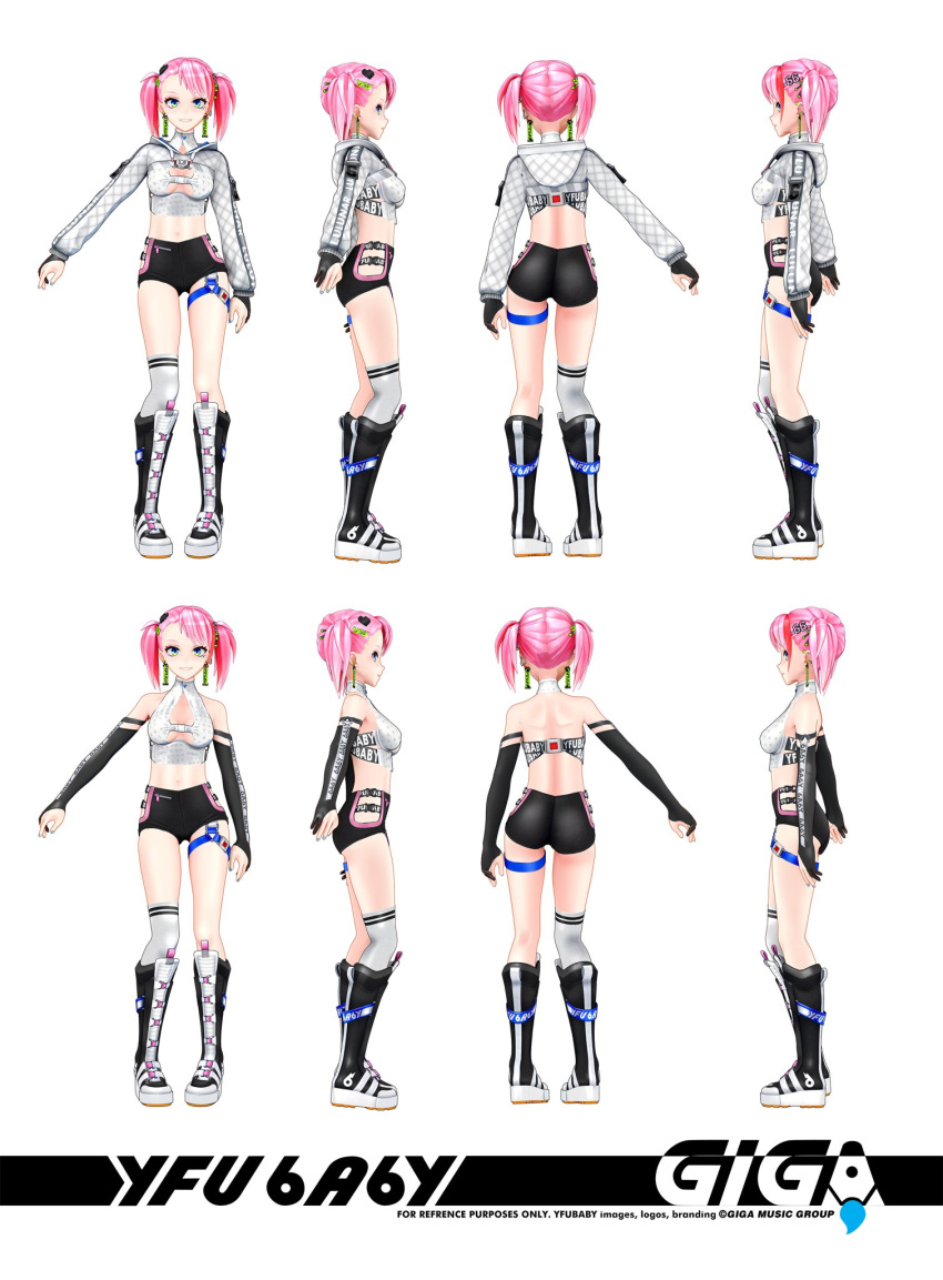 3d black_gloves blue_eyes character_name crop_top digitrevx earrings elbow_gloves english_commentary female gloves grey_hoodie halterneck highres hood hoodie indie_virtual_youtuber jewelry multiple_views official_art open_hand parted_lips partially_fingerless_gloves reference_sheet smile twintails virtual_youtuber white_background yfu