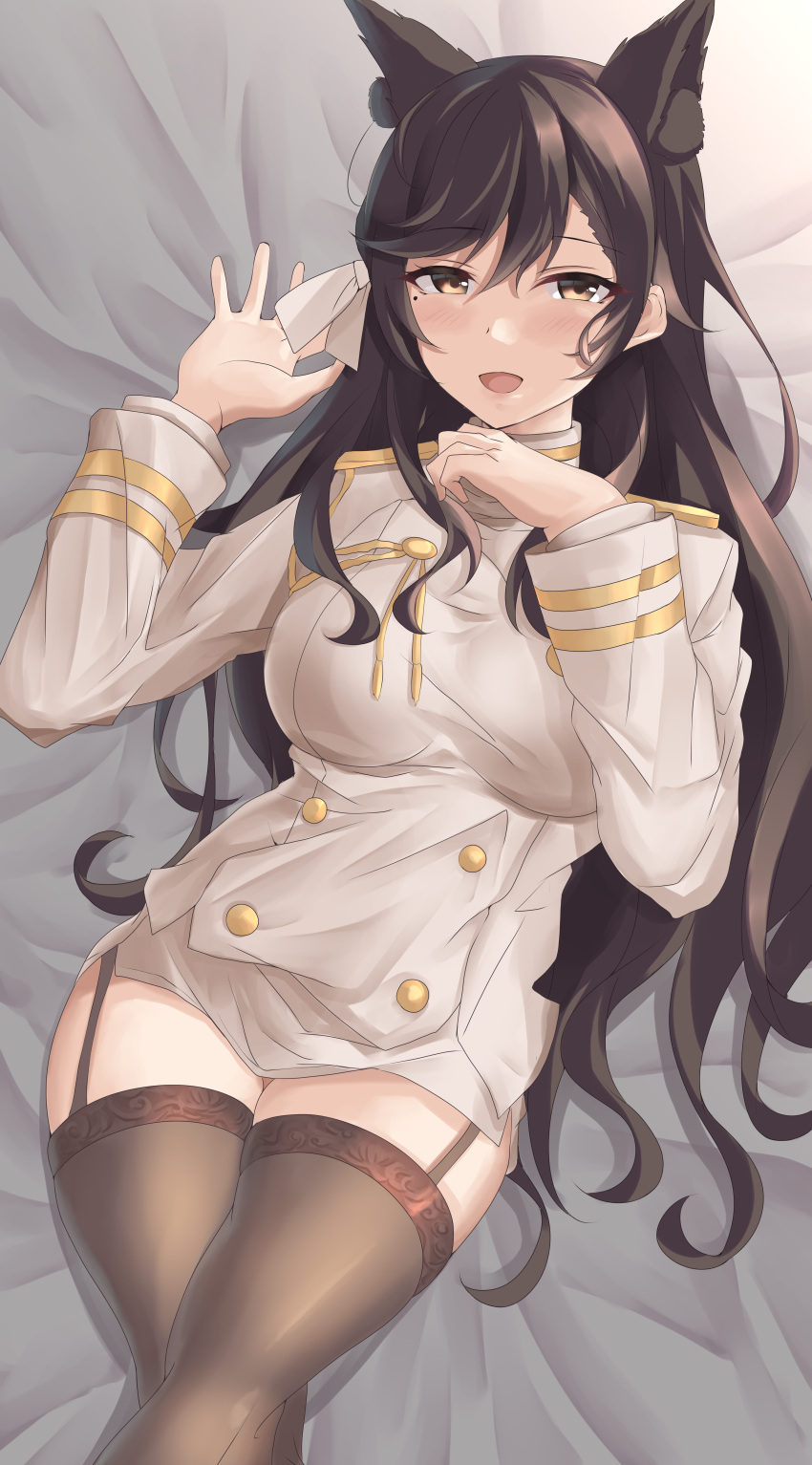 absurdres animal_ears atago_(azur_lane) azur_lane bad_id bad_pixiv_id black_hair black_thighhighs blush breasts brown_eyes dog_ears extra_ears female highres large_breasts long_hair looking_at_viewer lying military military_uniform miniskirt mole mole_under_eye open_mouth shiroinu_(shiroinu_283p) skirt smile solo thighhighs uniform white_background white_uniform